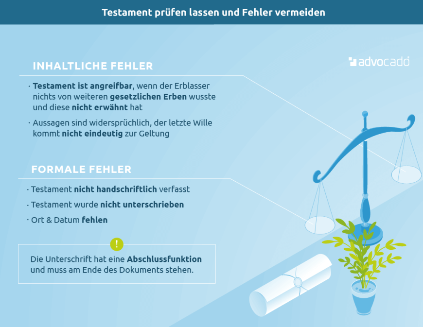 Infografik: Auf welche inhaltlichen & formalen Fehler sollten Erblasser ihr Testament prüfen lassen?
