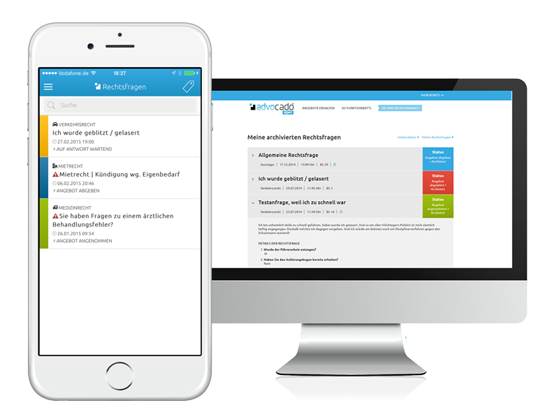 Beispiel-Darstellung der advocado-Anwendung auf Desktop und Mobilgerät