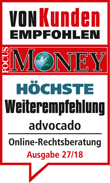 Focus Money von Kunden empfohlen advocado - Höchste Weiteremfehlung - advocado Online Rechtsberatung Ausgabe 27/18